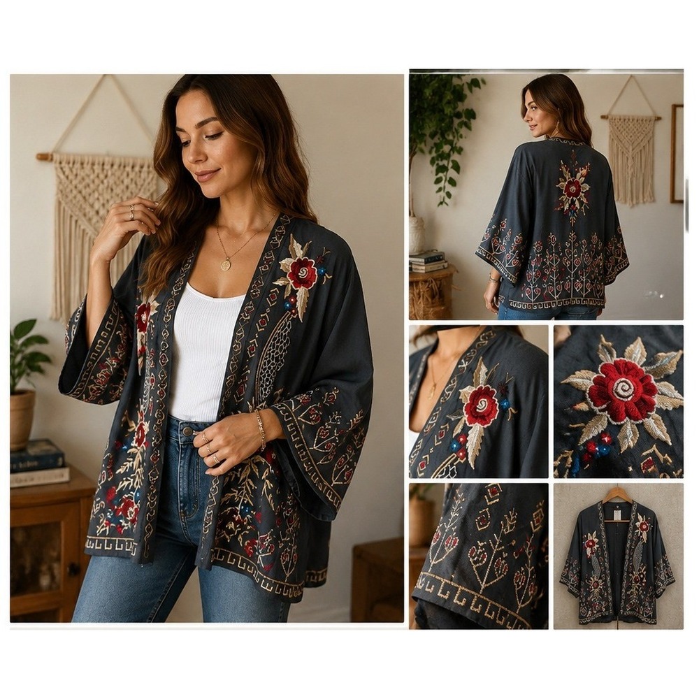 Kyla Seo Embroidered Kimono Cardigan Womens Small Boho Floral Open Front